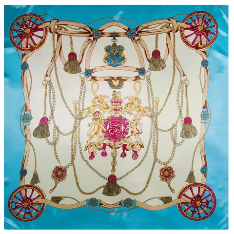 Donna Elegante Francese Vintage Satin Foulard Quadrato Lusso Ruota Carrozza Catena Stampa Moda Simil Seta Foulard Decorativo