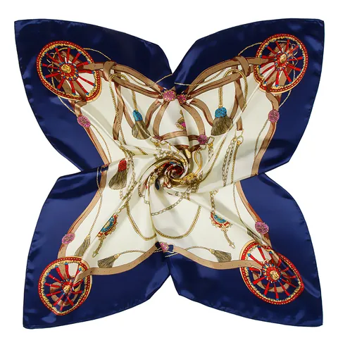 Donna Elegante Francese Vintage Satin Foulard Quadrato Lusso Ruota Carrozza Catena Stampa Moda Simil Seta Foulard Decorativo
