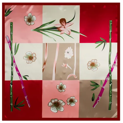 Women Retro Satin Square Scarf With Bamboo Floral Print Patchwork Pattern Silk Like Elegant Neck Scarf For Travel Daily