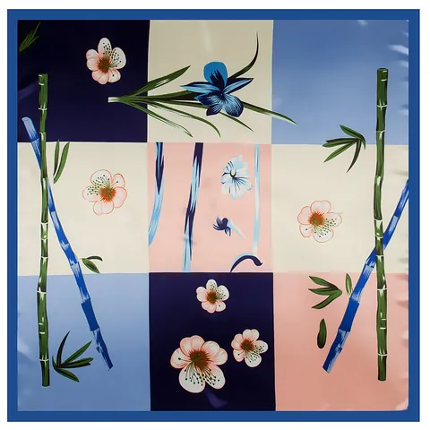 Women Retro Satin Square Scarf With Bamboo Floral Print Patchwork Pattern Silk Like Elegant Neck Scarf For Travel Daily