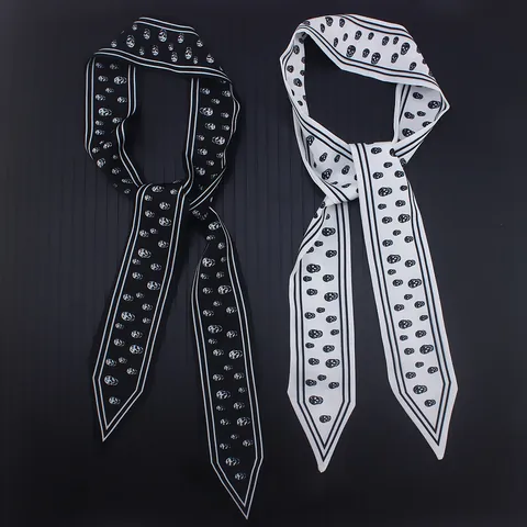 Bufanda de Satén con Estampado de Calavera para Mujer Estilo Gothic Rock Sarga Imitación Seda Cinta Asa de Bolso Diadema Pañuelo