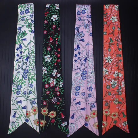 Floral Print Satin Twilly Scarf For Women Narrow Hair Tie Bag Handle Ribbon Small Imitated Silk Decorative Headband Neck Scarf