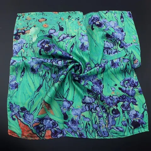Vintage Oil Painting Irises Pattern Satin Square Scarf For Women Artistic Van Gogh Style Neck Head Hair Wrap Scarf Decorative Accessories