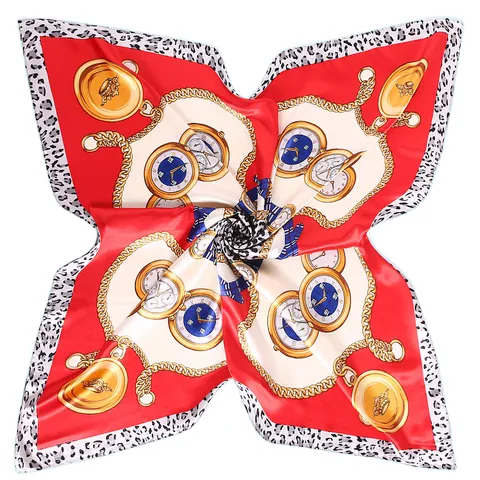 Foulard Quadrato in Raso di Lusso Donna Vintage Stampa Leopardata Catena Oro Motivo Orologio Effetto Seta Accessorio Moda
