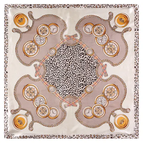 Foulard Quadrato in Raso di Lusso Donna Vintage Stampa Leopardata Catena Oro Motivo Orologio Effetto Seta Accessorio Moda