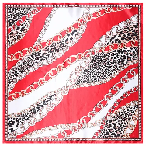 Luxury Satin Square Scarf For Women Leopard Print Golden Chain Pattern Retro Elegant Faux Silk Neck Scarf Large Head Wrap