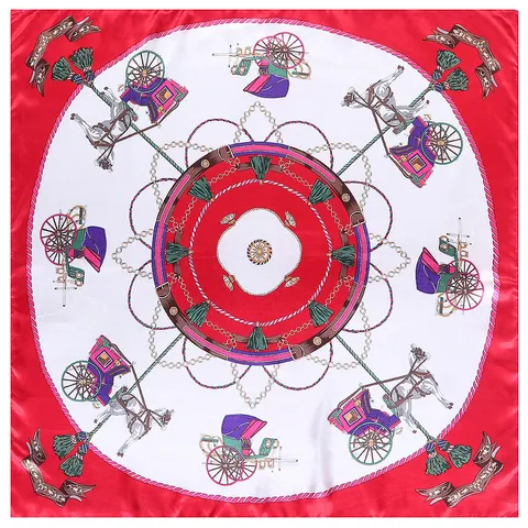 Damen Europäischer Retro Kutschen-Druck Satin Quadratischer Schal Eleganter Seideneffekt Quasten Reitsport Mode Kopf Hals Tuch