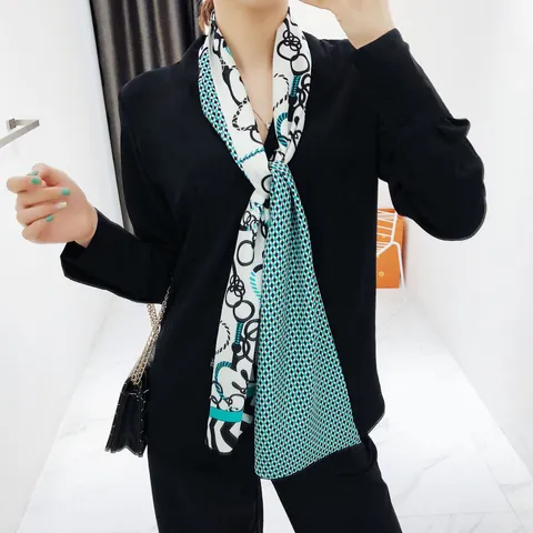 Dames Satijn Lange Smalle Sjaal Twill Dubbellaags Decoratieve Stropdas Paardenkoets Ketting Schaakbord Print Mode Accessoire