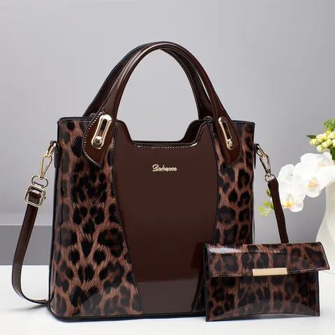 Women Leopard Print Handbag And Long Wallet Shiny PU Patent Leather Large Capacity Shoulder Crossbody Bag Elegant