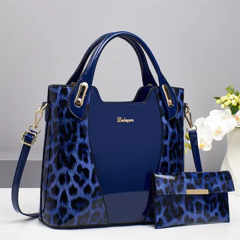 Leopard Print Patent Leather Handbag And Matching Wallet Set For Women Stitching PU Tote Shoulder Bag