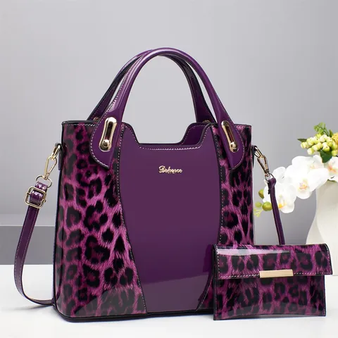 Women Leopard Print Handbag And Long Wallet Shiny PU Patent Leather Large Capacity Shoulder Crossbody Bag Elegant