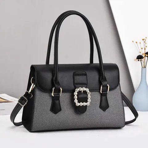 Sac à Main Femme en Cuir PU Surpiqûres Plaid Boucle Strass Grande Capacité Sac Bandoulière Sacoche Quotidienne Décontractée
