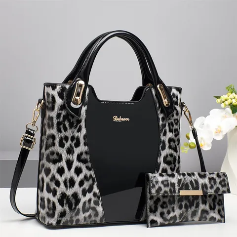 Leopard Pattern Patent PU Leather Handbag And Matching Wallet For Women Crossbody Shoulder Bag Structured Top Handle Street Style Fashion