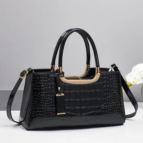 Women Handbag PU Leather Crocodile Pattern Shiny Shoulder Bag With Detachable Strap Elegant Versatile Fashion