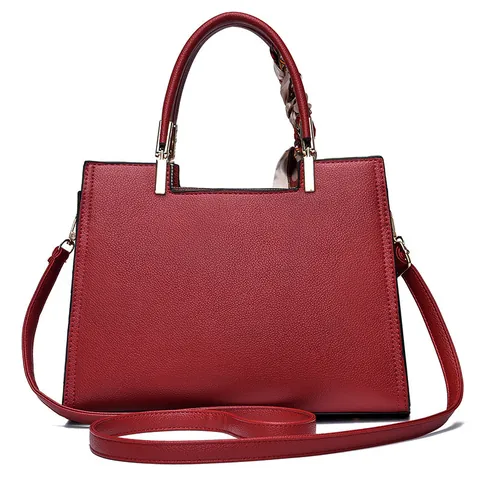 Women Elegant PU Leather Lychee Pattern Top Handle Bag With Satin Scarf Crossbody Shoulder Bag For Wedding Party Daily