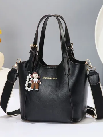 Vintage PU Leather Handbag For Women With Wide Strap Doll Charm Rhomboid Pattern Crossbody Bag Daily Shoulder Bag