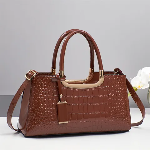 Women Handbag PU Leather Crocodile Pattern Shiny Shoulder Bag With Detachable Strap Elegant Versatile Fashion