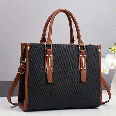 Women Large Capacity Tote Handbag PU Leather And Woven Fabric Business Commuter Colorblock Shoulder Bag With Removable Strap