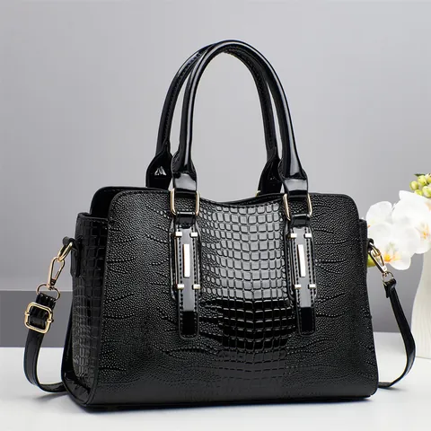 Sac à Main Femme Motif Crocodile Cuir PU Grande Capacité Sac Bandoulière Avec Quincaillerie Dorée Sac Cabas Mode