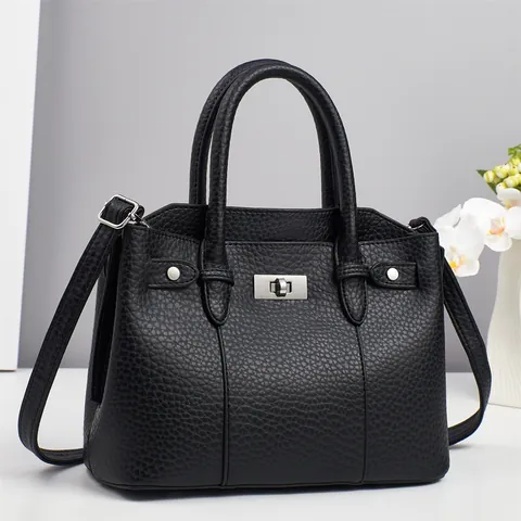 Women Elegant PU Leather Handbag With Lychee Pattern Metal Turn Lock Shoulder Crossbody Bag Large Tote Bag For Commuting Daily