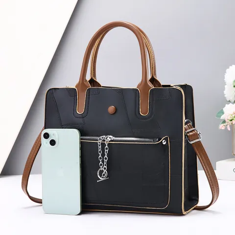 Women Large Capacity PU Leather Tote Bag Fashion Geometric Patchwork Shoulder Bag With Metal Chain Contrast Color Handbag