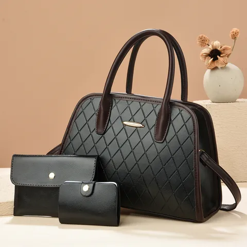 Women Quilted PU Leather Fashion Shoulder Bag With Handbag Card Holder Retro Contrast Color Large Capacity Tote Satchel