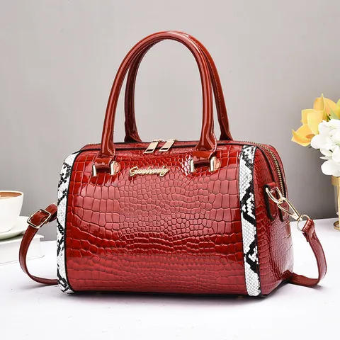 Sac Boston Tendance pour Femmes en Cuir PU avec Motif Crocodile Surpiqûres Peau de Serpent Contrastées avec Bandoulière