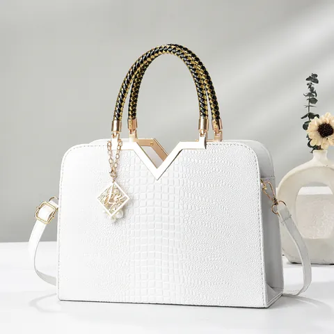 Women's Vintage Crocodile Pattern PU Leather Handbag Gold V Metal Detail Woven Handle Shoulder Crossbody Bag Pearl Pendant