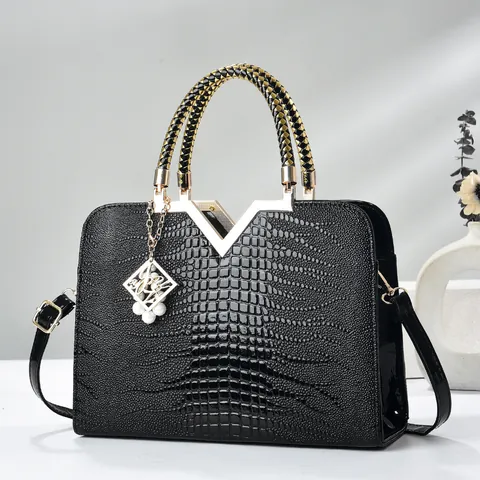 Women's Vintage Crocodile Pattern PU Leather Handbag Gold V Metal Detail Woven Handle Shoulder Crossbody Bag Pearl Pendant