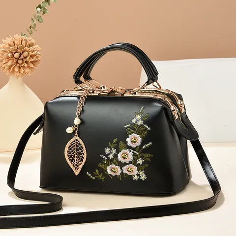 Vrouwen Bloemen Borduurwerk PU Lederen Handtas Retro Elegant Handtas Met Metalen Bladhanger En Verstelbare Schouderriem