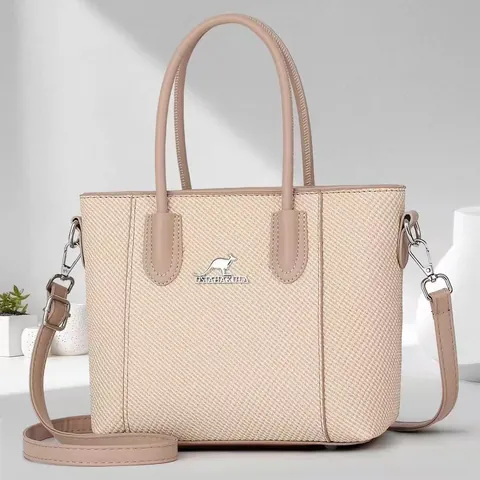 Grand Sac Cabas Femme en Cuir PU Texture Tissée Minimaliste Sac à Main Épaule avec Logo Kangourou Métallique Sac Bandoulière
