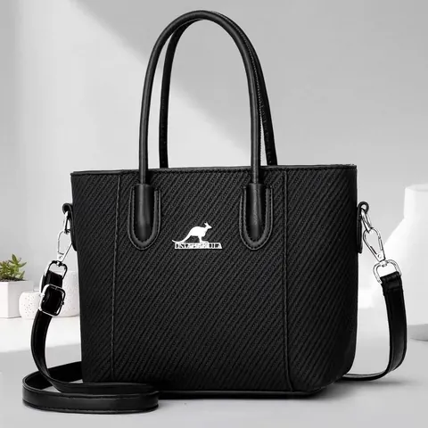 Grand Sac Cabas Femme en Cuir PU Texture Tissée Minimaliste Sac à Main Épaule avec Logo Kangourou Métallique Sac Bandoulière