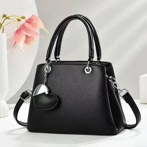 Women Lychee Pattern PU Leather Handbag With Heart Pendant Elegant Large Capacity Shoulder Crossbody Commuter Bag