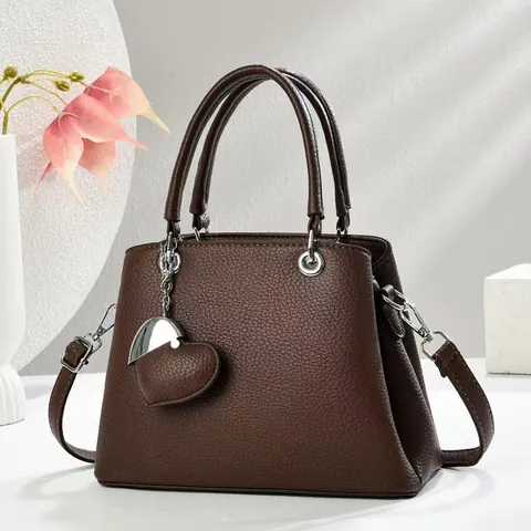 Women Lychee Pattern PU Leather Handbag With Heart Pendant Elegant Large Capacity Shoulder Crossbody Commuter Bag