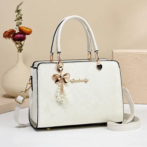 Women Snake Pattern Embossed PU Leather Handbag Elegant Wedding Tote Bag With Artificial Pearl Bow Charm Shoulder Crossbody Bag