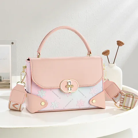 Gradient Floral PU Leather Small Square Bag For Women Elegant Handbag With Wide Shoulder Strap Crossbody Bag Metal Lock Purse