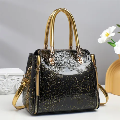 Damen Vintage Handtasche Mit Blumenprägung Luxus Lackleder PU Schultertasche Mit Goldenem Metallgriff Umhängetasche