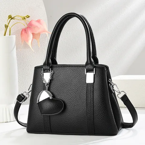 Sac à Main en Cuir PU Motif Litchi pour Femme Pendentif Coeur Rétro Commute Sac à Épaule pour Femme de Bureau