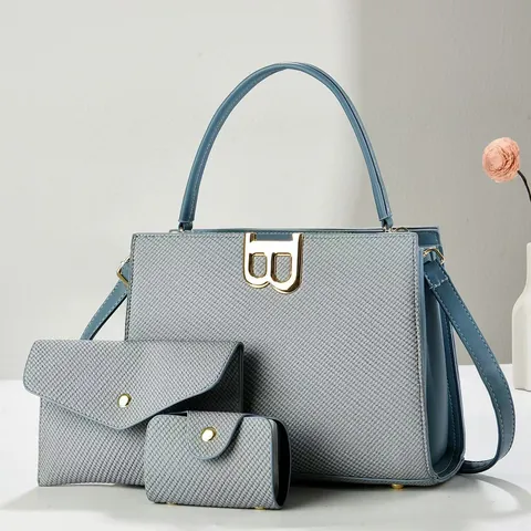 Women Woven Texture PU Leather 3-in-1 Handbag Set Large Capacity Tote Shoulder Bag Envelope Wallet Card Holder Business Bag