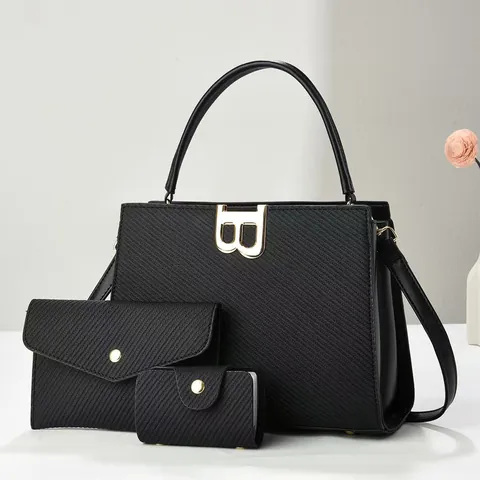 Women Woven Texture PU Leather 3-in-1 Handbag Set Large Capacity Tote Shoulder Bag Envelope Wallet Card Holder Business Bag