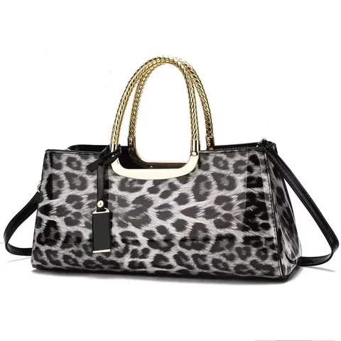 Sac à Main Femme en Simili Cuir Verni Imprimé Léopard Avec Poignée Métallique Tressée Or Sac Boston Bandoulière Grande Capacité