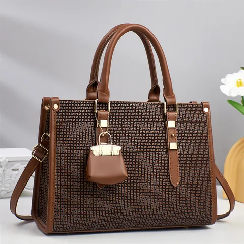 Damen Mode PU Leder Handtasche Große Kapazität Tote Tasche Geometrisches Muster Schultertasche Mit Mini Taschenanhänger