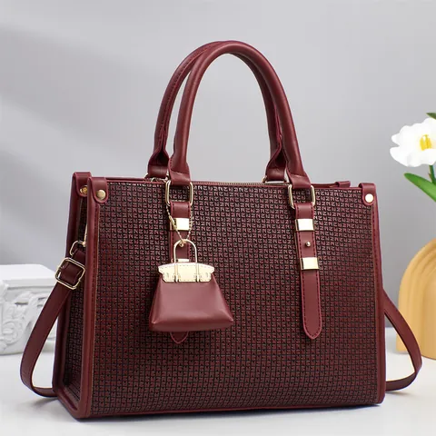 Damen Mode PU Leder Handtasche Große Kapazität Tote Tasche Geometrisches Muster Schultertasche Mit Mini Taschenanhänger