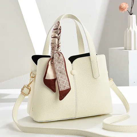 Women Large Capacity PU Leather Pebbled Handbag With Scarf Decoration Solid Color Tote Shoulder Bag Adjustable Strap Mother Bag