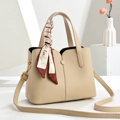 Women Large Capacity PU Leather Pebbled Handbag With Scarf Decoration Solid Color Tote Shoulder Bag Adjustable Strap Mother Bag