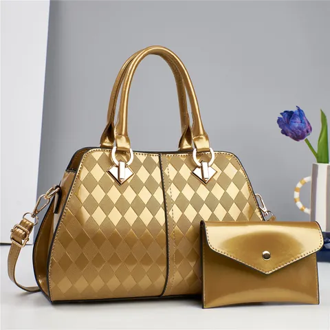 Shiny Patent PU Leather Handbag And Pouch Diamond Quilted Elegant Top Handle Crossbody Shoulder Bag Large Capacity Women