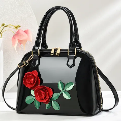 Sac à Main Vintage en Cuir Verni Brillant Avec Décoration de Fleur de Rose 3D Élégant Sac Bandoulière Coquillage pour Femme Cadeau Maman