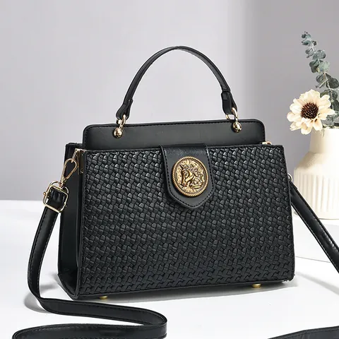 Vintage Women Woven Texture Handbag PU Leather Splicing Crossbody Bag Elegant Metal Buckle Shoulder Bag For Daily Use