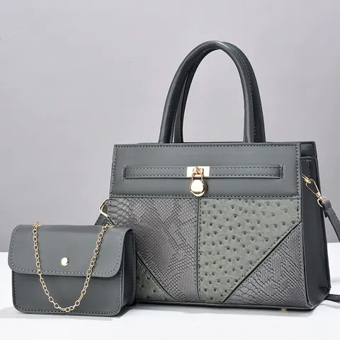 Patchwork Handbag And Chain Bag Synthetic Leather Ostrich Snake Embossed Texture Elegant Retro Tote Top Handle Golden Lock