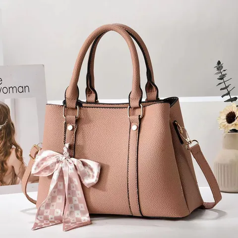Women Lychee Grain PU Leather Bucket Bag With Silk Scarf Bow Decoration Handbag Crossbody Shoulder Bag For Daily Work